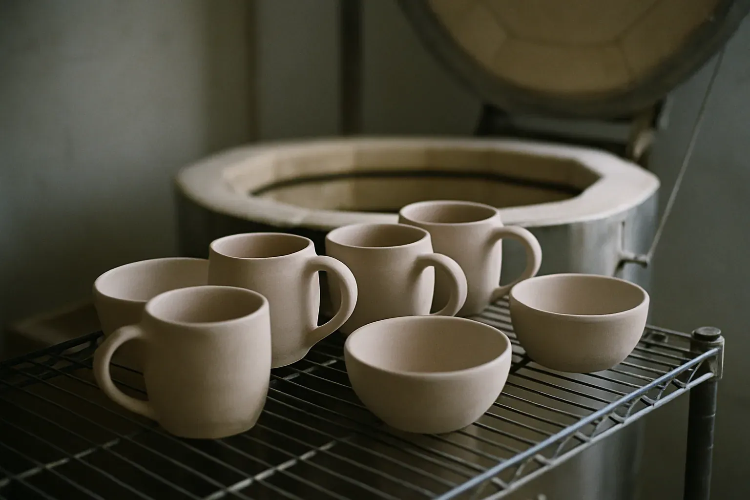 Pale porous bisque-fired pottery cooling on a wire rack beside an electric kiln in a studio