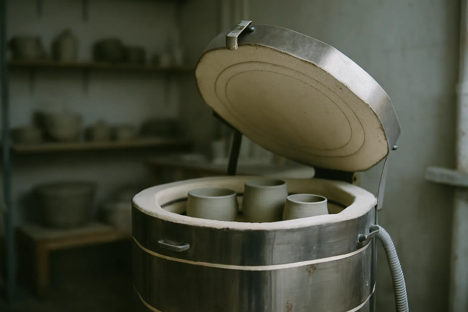 An electric kiln with the lid propped slightly open, faint warmth rising, greenware inside a quiet studio