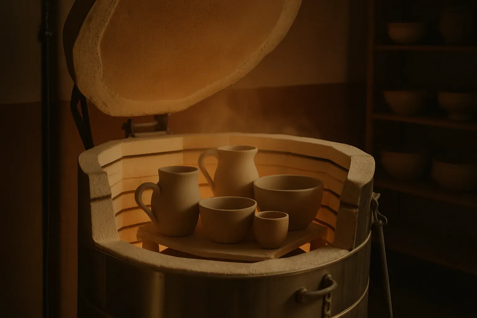 An electric kiln with the lid propped slightly open, faint warmth rising, greenware inside a quiet studio