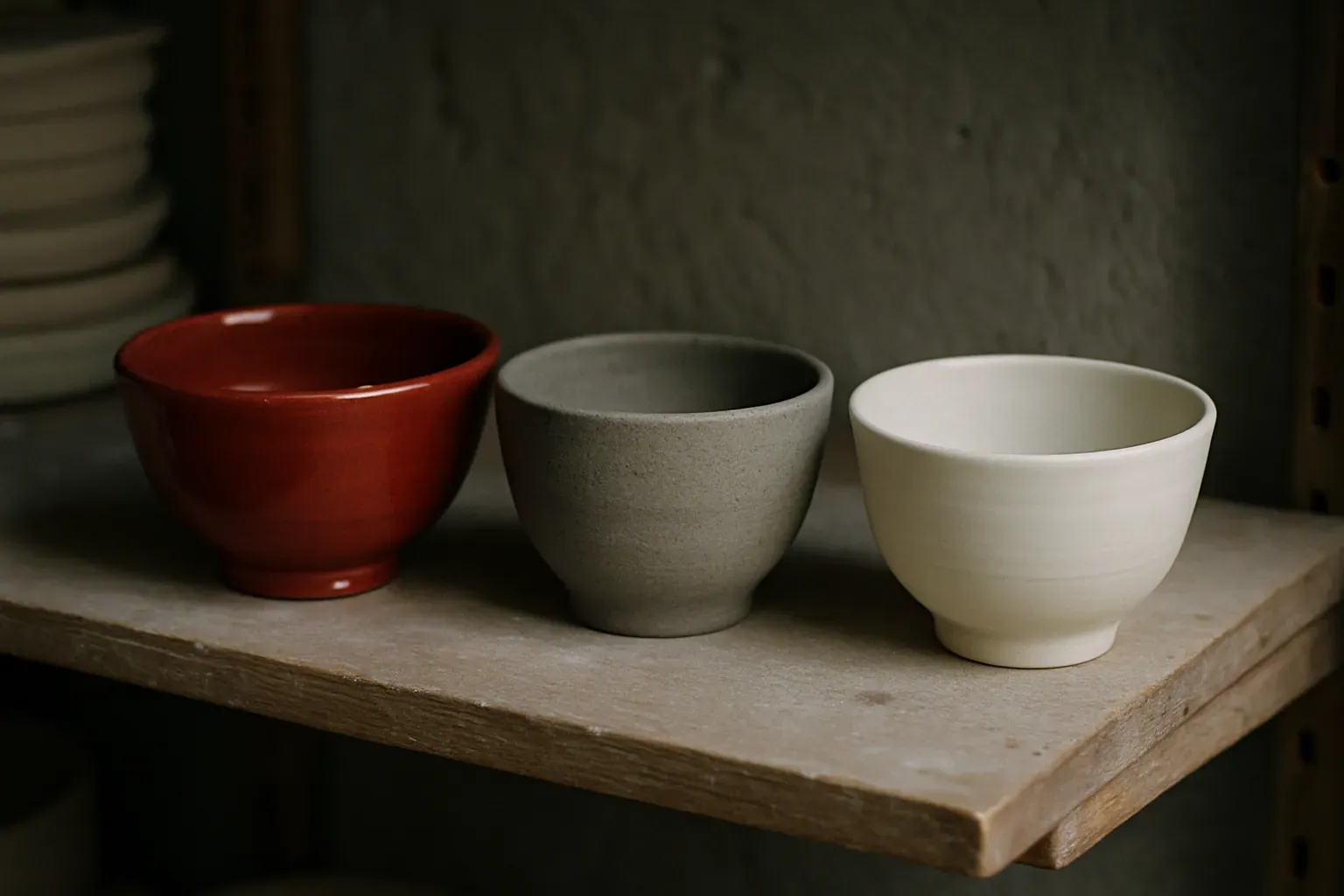 Three fired bowls side by side on a studio shelf, a glossy red earthenware bowl, a matte grey stoneware bowl, and a translucent white porcelain bowl