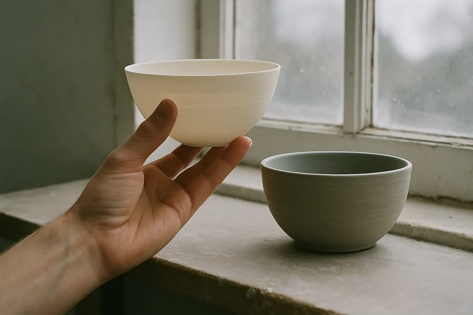 A hand holding a thin pale porcelain bowl up to a studio window, with an opaque grey stoneware bowl of the same size sitting on the sill beside it