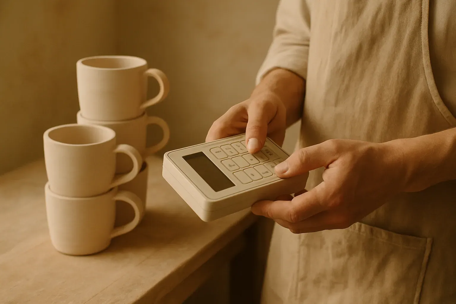 A potter programming a kiln controller beside a stack of bisque mugs in a sunlit ceramic studio