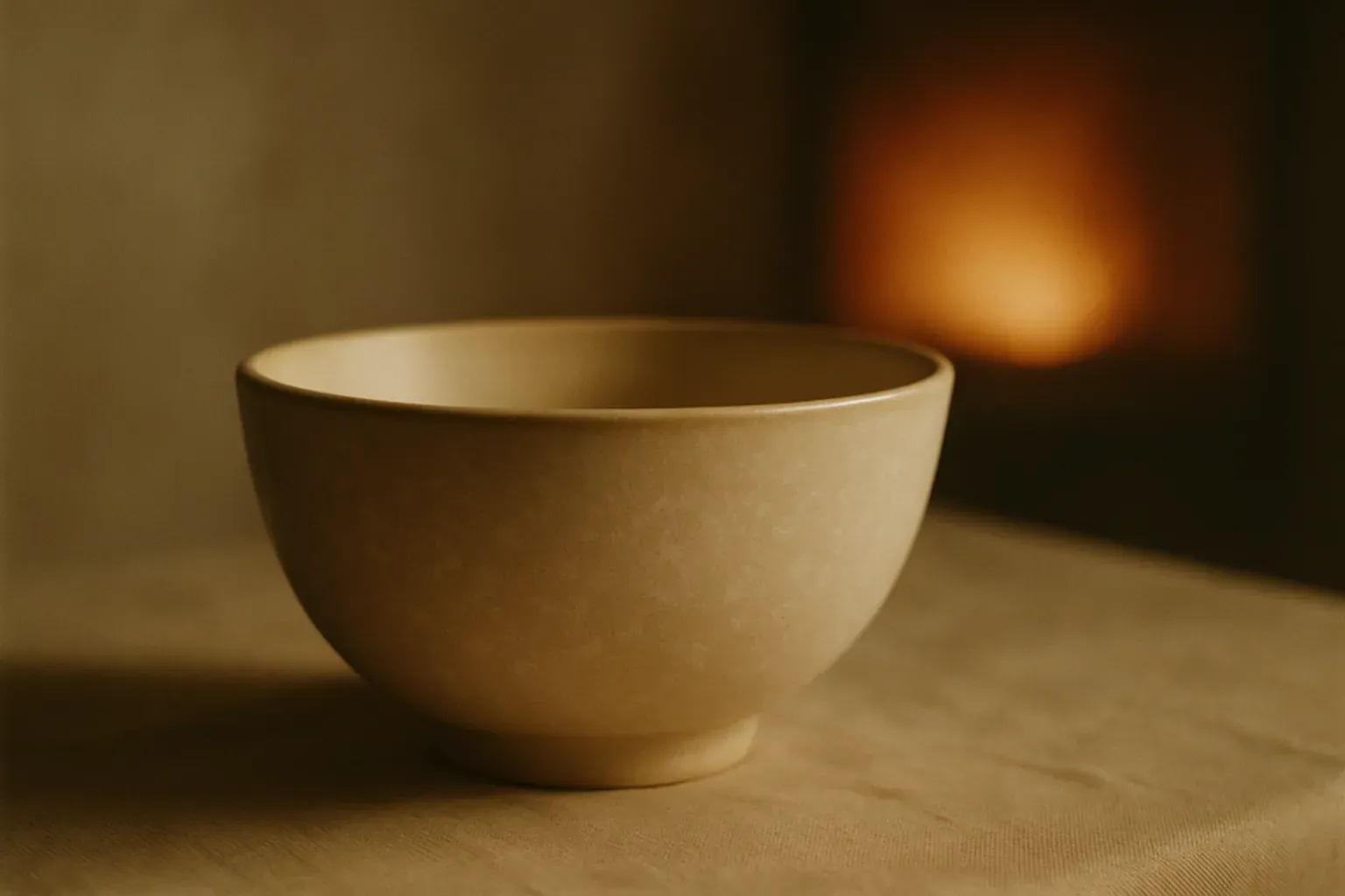 A satin matte ceramic bowl with a mottled crystalline surface on a studio table, warm kiln glow behind