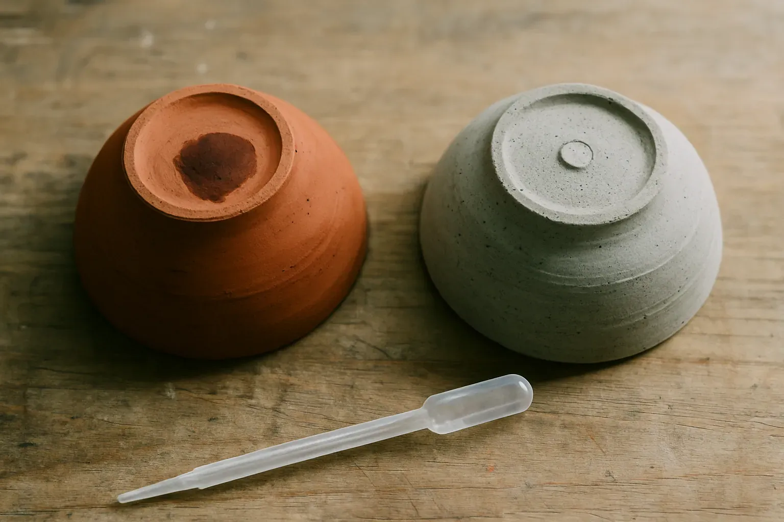 Two upturned pots side by side showing their unglazed foot rings, a red earthenware foot with a dark wet patch where a drop of water has soaked in, and a grey stoneware foot with the same drop still beaded on top