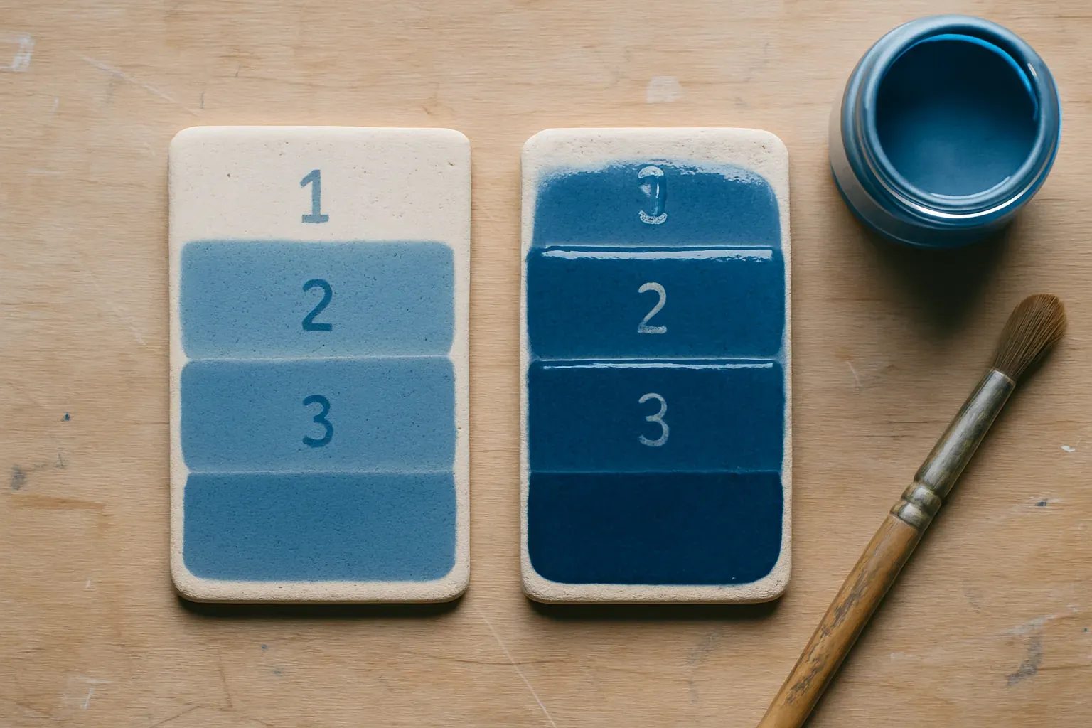 Two fired stoneware test tiles painted with the same blue underglaze in one, two, and three coats, the left tile bare and matte, the right tile glassy and darker under a clear glaze